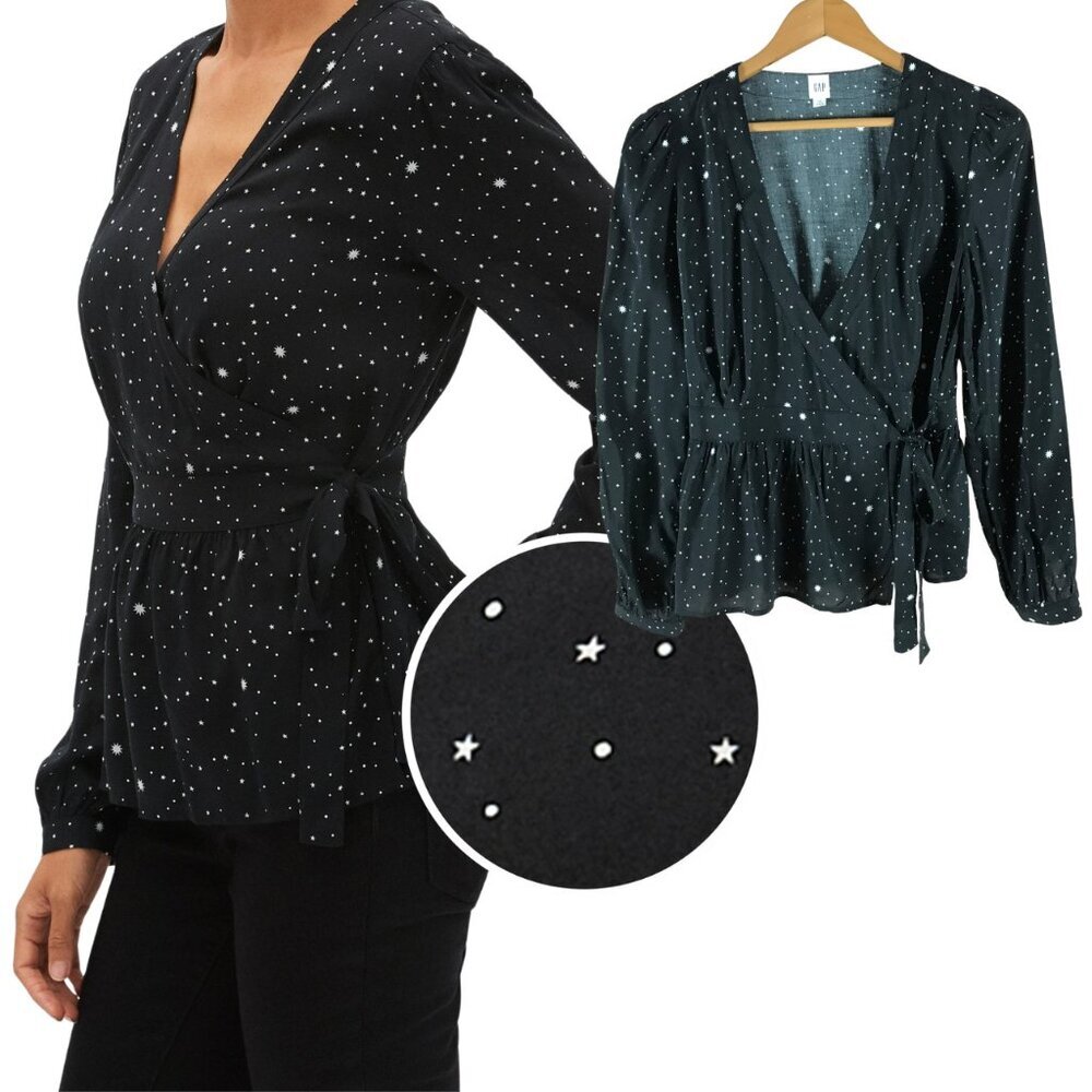 GAP Black Star Print Faux-Wrap Peplum Blouse XS